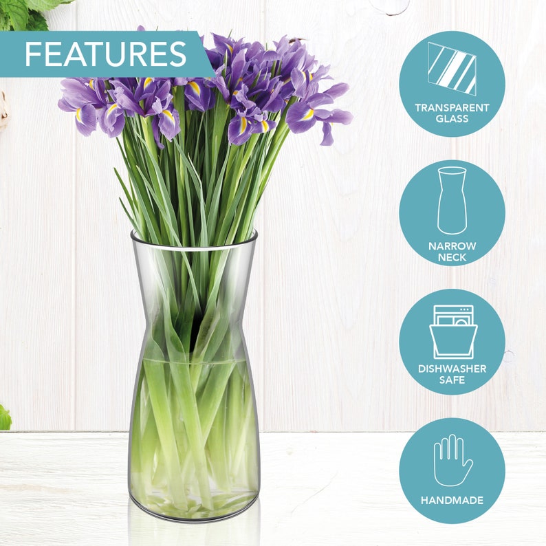 May include: A clear glass vase with a narrow neck and a wide base. The vase is filled with purple iris flowers. The vase is dishwasher safe and handmade.  FEATURES is written in blue text at the top of the image.
