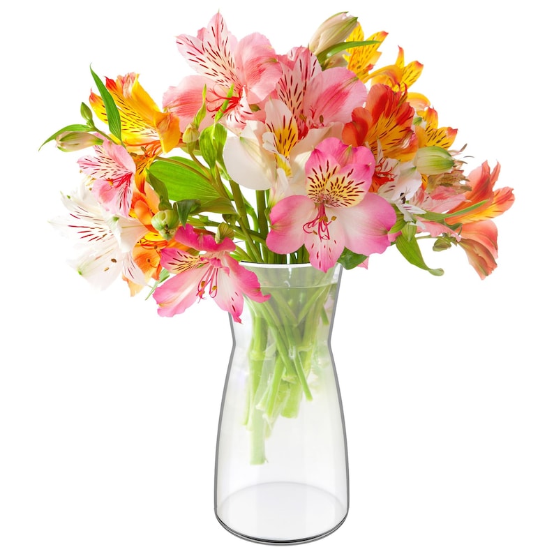 May include: A bouquet of pink, white, and orange alstroemeria flowers in a clear glass vase.