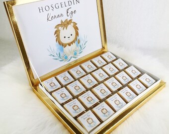 Schokobox mit Etiketten / Personalisierte Schokolade. Babyshower, Babyparty, Geburt, Geburtstag, Neugeborenen, Löwe, Hosgeldin, Gastgeschenk