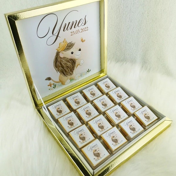 Chocolate box with labels for special occasions. Baby shower, baby shower, birth, birthday, welcome baby, lion, guest gifts