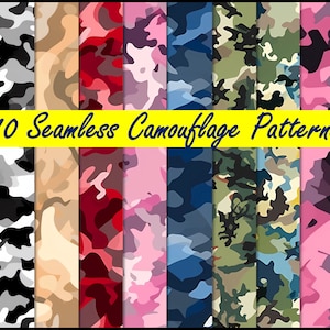 May include: Ten seamless camouflage patterns in various colors, including green, brown, black, white, pink, blue, and red. The patterns are arranged in a row and labeled "10 Seamless Camouflage Patterns".