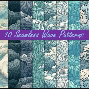 May include: Ten seamless wave patterns in blue, white, and gray. The patterns are in a variety of styles, including traditional Japanese, abstract, and geometric.