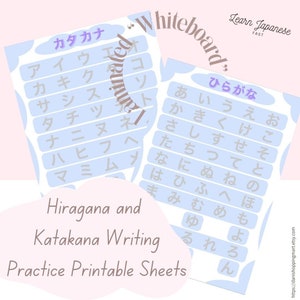 May include: Two printable worksheets for practising Japanese Hiragana and Katakana writing. The worksheets are on a light blue background with white text. The first worksheet features the Katakana alphabet, and the second worksheet features the Hiragana alphabet.