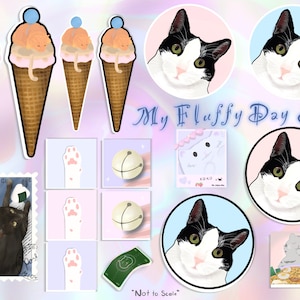 Mój puszysty dzień zestaw naklejek / indywidualny (17 szt.) Matowe i błyszczące naklejki winylowe / koty, Bullet Journaling, słodkie, kolorowe, lody, dzwonek, łapy