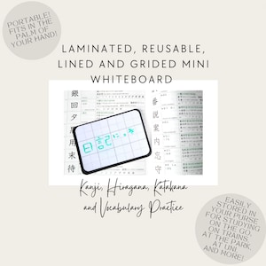 May include: A white laminated mini whiteboard with a black frame and a grid pattern. The whiteboard is lined and has a green writing surface. The whiteboard is lying on a table with Japanese characters written on the pages. The text on the whiteboard says "日記に". The text on the image says "Portable! Fits in the palm of your hand! Laminated, reusable, lined and gridded mini whiteboard Kanji, Hiragana, Katakana and Vocabulary Practice Easily stored in your purse for studying on the go, on trains, at the park, at uni, and more!"