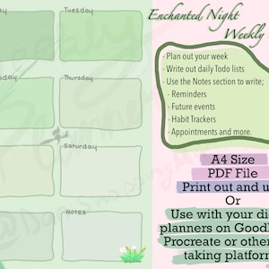 Digital &#39;Enchanted Night&#39; Simple Weekly Planner for Goodnotes, Procreate, Notability and more! Undated, A4 Digital Product (Printable PDF)