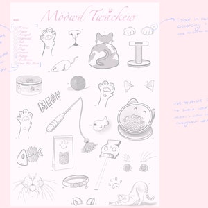 以下が含まれることがあります： 猫をテーマにした気分トラッカーの白黒イラスト。イラストには、猫、猫のおもちゃ、猫のフードボウル、猫の爪とぎ、その他猫関連のアイテムが含まれています。画像の上部には「Moowd Twäckew」というテキストが書かれています。画像の右側には「月の曜日と気分に合わせて各アイテムを色付けしてください」というテキストが書かれています。画像の右側には「複数の色を使用して、さまざまな気分とその強度を1日を通して示してください」というテキストが書かれています。