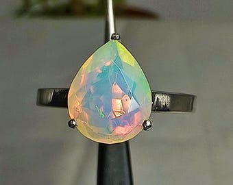 AAA Quality Opal Ring - Pear Cut Fire Opal Gemstone Ring - 925 Silver Dainty Ring - October Birthstone Ring - Natural Ethiopian Opal Ring
