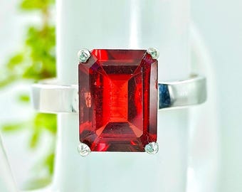 Natural Red Garnet Ring, 925 Silver Ring, Emerald Cut Gemstone Ring, Delicate Big Stone Ring, Birthstone Ring, Fine Silver Jewelry Gifts