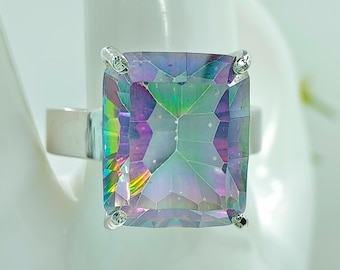 Handmade Emerald Cut Mystic Topaz Ring: 925 Sterling Silver Rainbow Ring