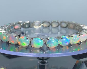 Natural Ethiopian Opal Bracelet, 925 Silver Bracelet for Women, Oval Smooth Cabochon Bracelet, Fire Opal Tennis Bracelet, October Birthstone