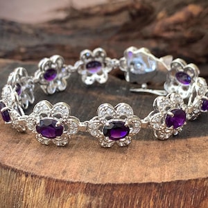 Handmade Purple Amethyst Bracelet: 925 Sterling Silver Floral Bangle