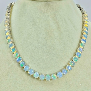 AAA Grade Natural Fire Opal Necklace 925 Silver Necklace For Women Round Shape Cabochon Ethiopian Opal Tennis Necklace Fine Silver Jewelry