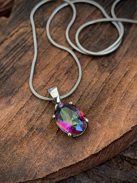 Genuine Mystic Topaz Pendant Necklace, Sterling Silver and Sparkly Multicolor Pendant, Rainbow Topaz Oval Cut Necklace Silver Jewelry Gift