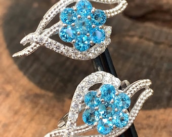 Pendientes de topacio azul natural - Impresionantes pendientes de plata de ley 925 - Pendientes de diamantes con circonita cúbica - Pendientes de boda con topacio de talla redonda y piedra de nacimiento