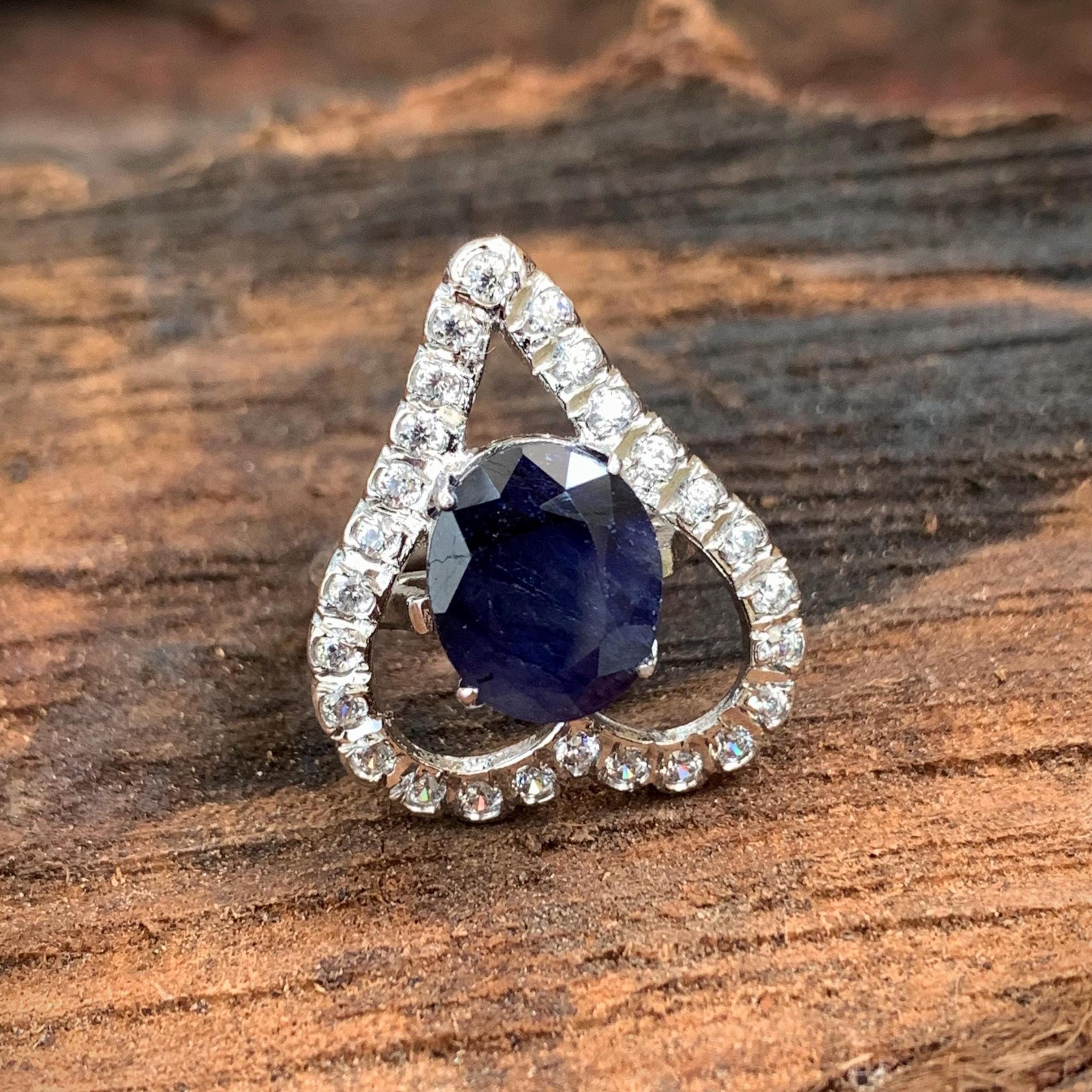 天然ブルーサファイア ハートシェイプリング、925シルバー CZ 