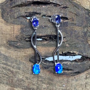 Natural Blue Sapphire Earrings/ Women 925 Silver Earrings/ Blue Opal Cabochon Earrings/ Statement Dangle Earrings/ Handmade Long Earrings