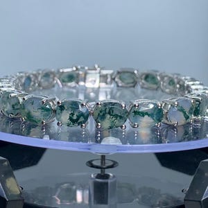Statement 925 Silver Bracelet| Geniune Moss Agate Gemstone Bracelet| Tennis Silver Bracelet| Oval Cut Agate Bracelet for Women Gifts for Her