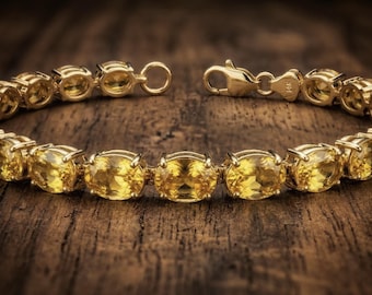 Natuurlijke citrien armband | 14k vergulde ovaal geslepen armband | Gele citrien armband | Fijnzilveren tennisarmband | Geboortesteensieraden