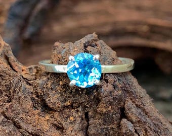Genuine Blue Topaz Gemstone Ring, 925 Sterling Silver Engagement Ring, Round Brilliant Cut Women Ring, Birthstone Blue Topaz Ring for Gifts