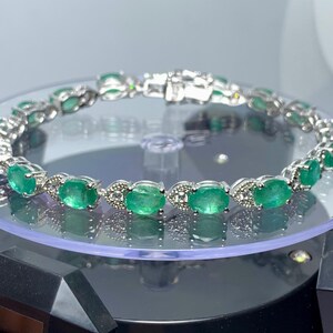 Stunning 925 Sterling Silver Bracelet, Exclusive Natural Green Emerald Bracelet, Statement Tennis Bracelet, Oval Cut Emerald Bracelet
