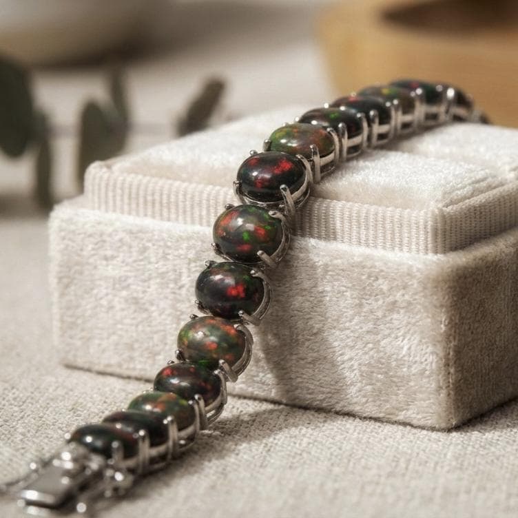 925 Silver Opal Bracelet-Natural Fire Opal Bracelet-Women Tennis Black Opal Bracelet-Oval Shape Smooth Opal Bracelet-Wedding Gold Jewelry