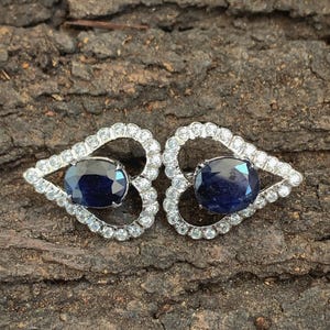 Heart Shaped Genuine Blue Sapphire Stud Earrings, Silver Earrings Set, Moms Earrings, Earrings For Girlfriend, Gift For Wife