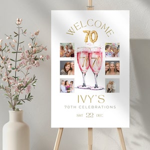 70th Birthday Sign with Pictures, Personalized Photo 70 Welcome Signage for Women, Look Who's 70, Party Decor, Printable and Editable Poster