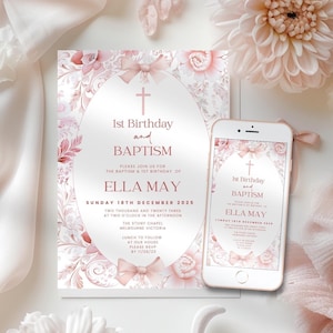 Toile De Jouy Baptism and 1st Birthday Invitation for Girl, Dusty Pink Vintage Floral E-Invite, Digital & Electronic, Printable, Editable