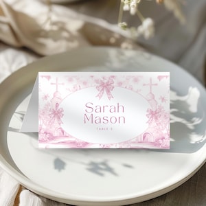 Baptism Place Card Table Template, Pink Toile Christening Table Place Settings, Name Seating Cards,First Holy Communion, Folded or Flat