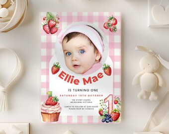 Berry First Birthday Invitation Photo, Berry Sweet Pink Gingham 1st Birthday E Invite, Digital, Phone, Text, Email, Editable & Printable