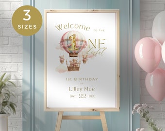 Miss Onederful Welcome Sign, Little Miss One-derful 1st Party Poster, Girls 1st Birthday, Pink Bears in Hot Air Balloon Travel Theme, Decor