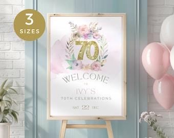 Happy 70th Birthday Welcome Sign, Cheers To 70th Years Signage, Pink, Purple  & Gold Floral Party Poster for Women, Printable and Editable