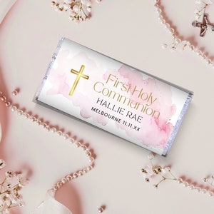 First Holy Communion Candy Bar Wrapper, Pink Watercolor, Girl, Hershey Chocolate Template, INSTANT DOWNLOAD, 1st Communion Favors PWH13