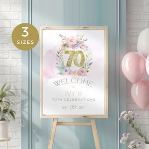 Happy 70th Birthday Welcome Sign, Cheers To 70th Years Signage, Pink, Purple  & Gold Floral Party Poster for Women, Printable and Editable