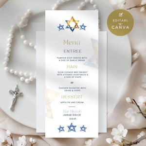 Bar Mitzvah Table Menu, Blue and Gold Star of David Decor, Bat Mizvah Reception Menu Sign, Jewish Celebration Party, Printable & Editable,