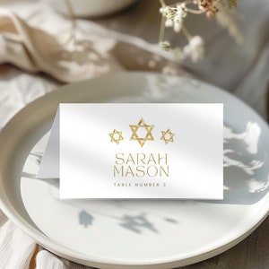 Bar Mitzvah Place Cards, Table Name Settings, Jewish Gold Star of David Decor, Bat Mizvah Reception, Religious, Printable & Editable,