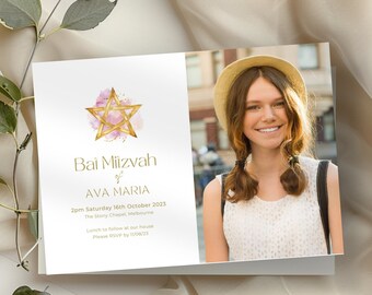 Bat Mitzvah Invitation Template, Minimal Star of David Invite, for boy, Printable & Editable, Digital Jewish Evite, Electronic Text or Email