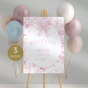 Toile De Jouy Welcome Sign, Baptism Signage, Dusty Pink Vintage Floral Christening Poster, Printable and Editable Poster, Religious Decor
