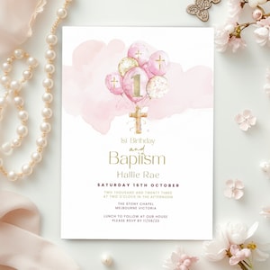 Baptism And First Birthday Invitation Girl, 1st Birthday Invite, Pink Balloon & Gold Cross, Religious Digital Text or Email Evite, Printable