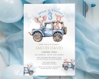 Wild and Three 3rd Birthday Invitation for Boys, Safari Jungle Animals E-Invite, Digital Party Invite for Text or Email. Editable, Printable