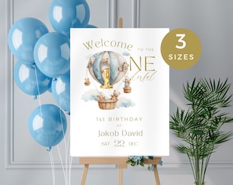 Onederful First Birthday Welcome Sign, Mr Wonderful 1st Party Poster, Printable & Editable Boys Blue Bears in Hot Air Balloon Travel Theme,