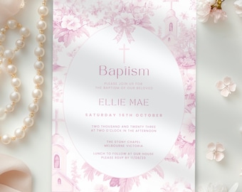 Pink Baptism Invitation Girl, Vintage Toile De Jouy, Digital & Electronic, Modern Floral Christening E-Invite, Printable and Editable,
