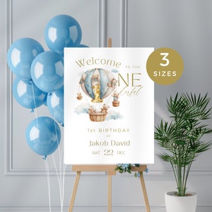 Onederful First Birthday Welcome Sign, Mr Wonderful 1st Party Poster, Printable & Editable Boys Blue Bears in Hot Air Balloon Travel Theme,