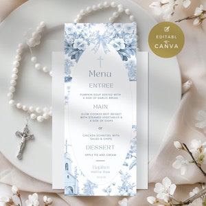 Baptism Dinner Menu, Blue Toile Christening Table Decor, Menu Card Template for girls or boys Relgious Party, Custom, Editable and Printable