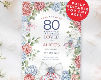 Save the Date 4th of July Birthday Invitation, Any Age Editable Invite, Red White Blue Floral with Bow Printable, Summer Milestone Party