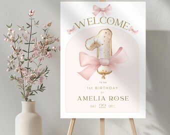 1st Birthday Welcome Sign, Girls Pink Coquette Bows Board, Baby's First Year, Reception Entrance Poster, Editable and Printable