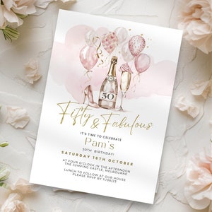 50th Birthday Invitation Women Heels, Pink and Gold High Heel Invite, Fabulous & 50 Years Party, Fiftieth Milestone, Digital, Electronic