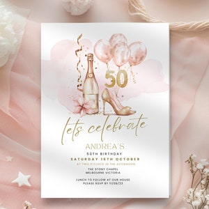 50th Birthday Invitation Wine, 50 Years and Fabulous Womens Heels Party Invite, Fiftieth, Digital, Electronic, Printable & Editable. Text
