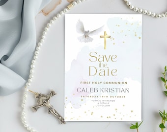 Save the Date First Holy Communion Invitation, Boys Blue Invitation and Dove, Religious Catholic Invite & Gold Cross, Evite, Text Email